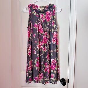 Onetheland M Gray Pink Floral Sleeveless Trapeze Swing Dress Round Neck